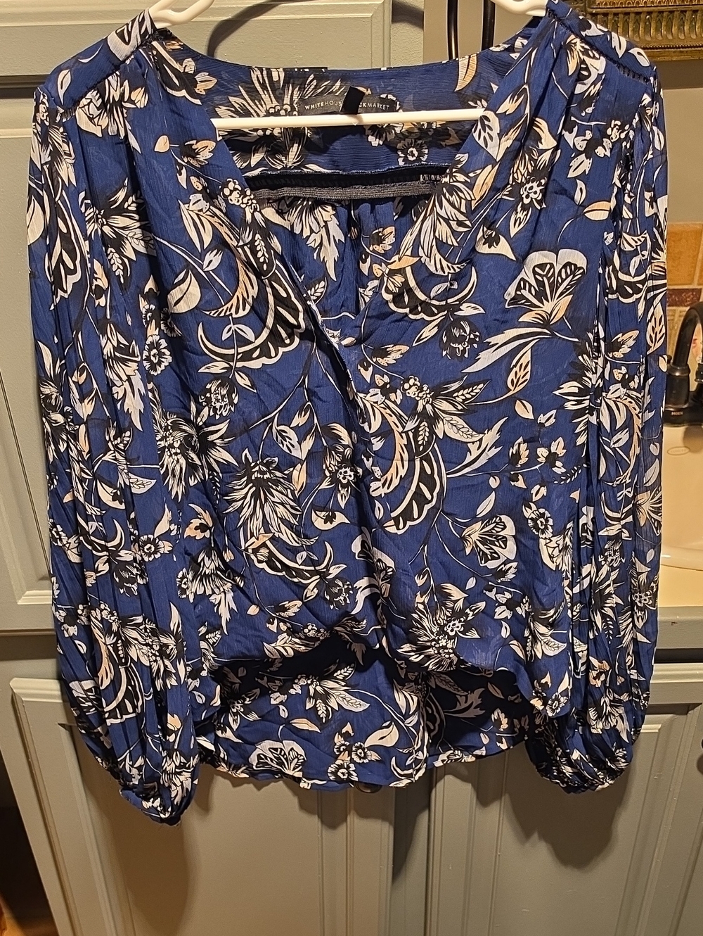 White House Black Market Blue Floral Wrap Blouse